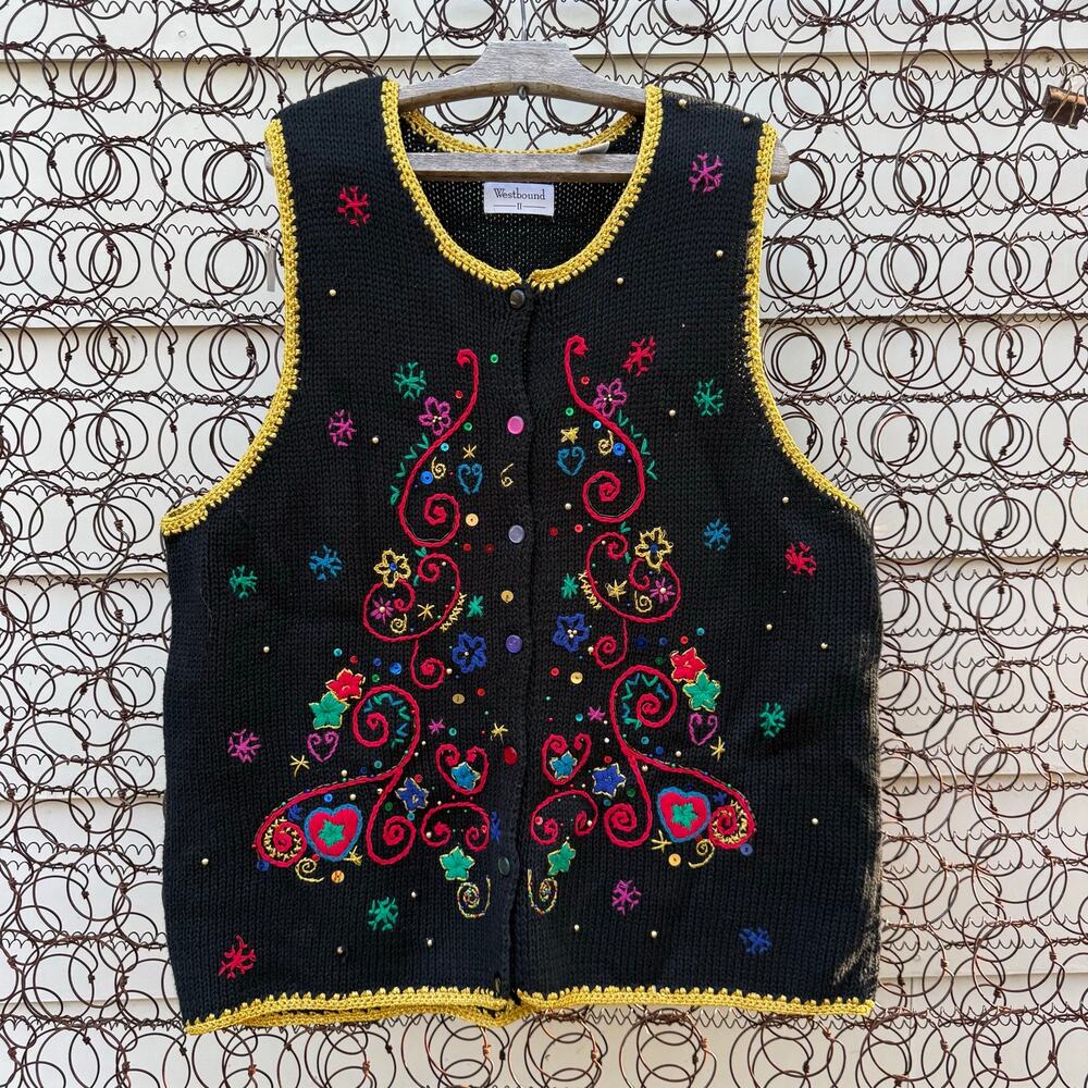 Vintage 90s Westbound Ugly Christmas Holiday Tree Embroidered Sweater Vest 2X